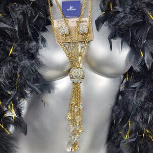 NWOT~SWAROVSKI~SWAN SIGNED LARGE CRYSTAL LARIAT TASSEL FRINGE NECKLACE/EARRINGS
